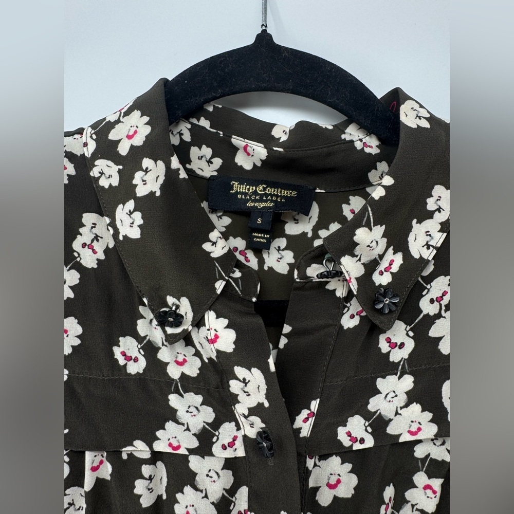 Juicy Couture Black Label Silk Olive Green Cherry Blossom Shirt Dress - Picture 3 of 10